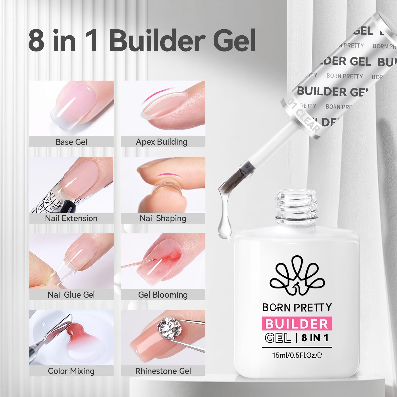 Gel translucide Born Pretty 8-en-1 utile pour extensions et base-coat.