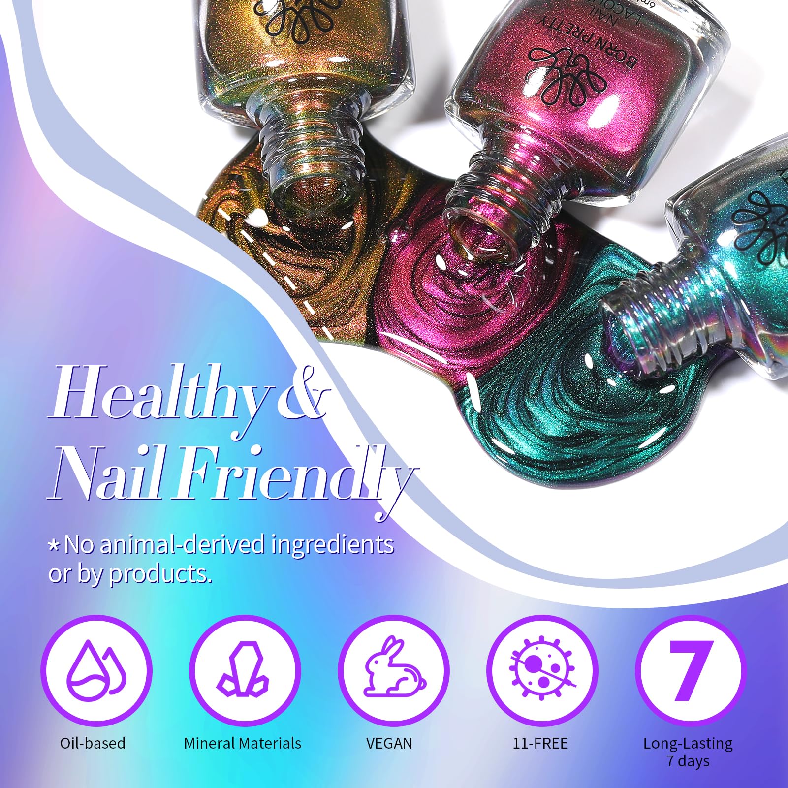 Vernis Born Pretty Chameleon Chrome, effet holographique sur les ongles.