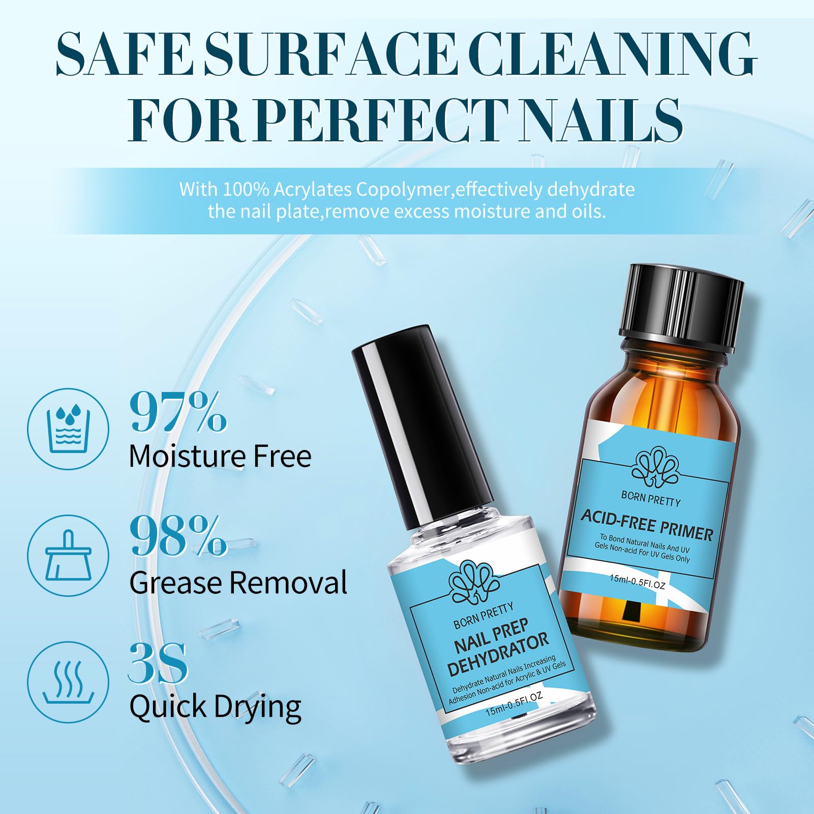 Déshydratant pour ongles, prépare le lit et élimine l’huile.
