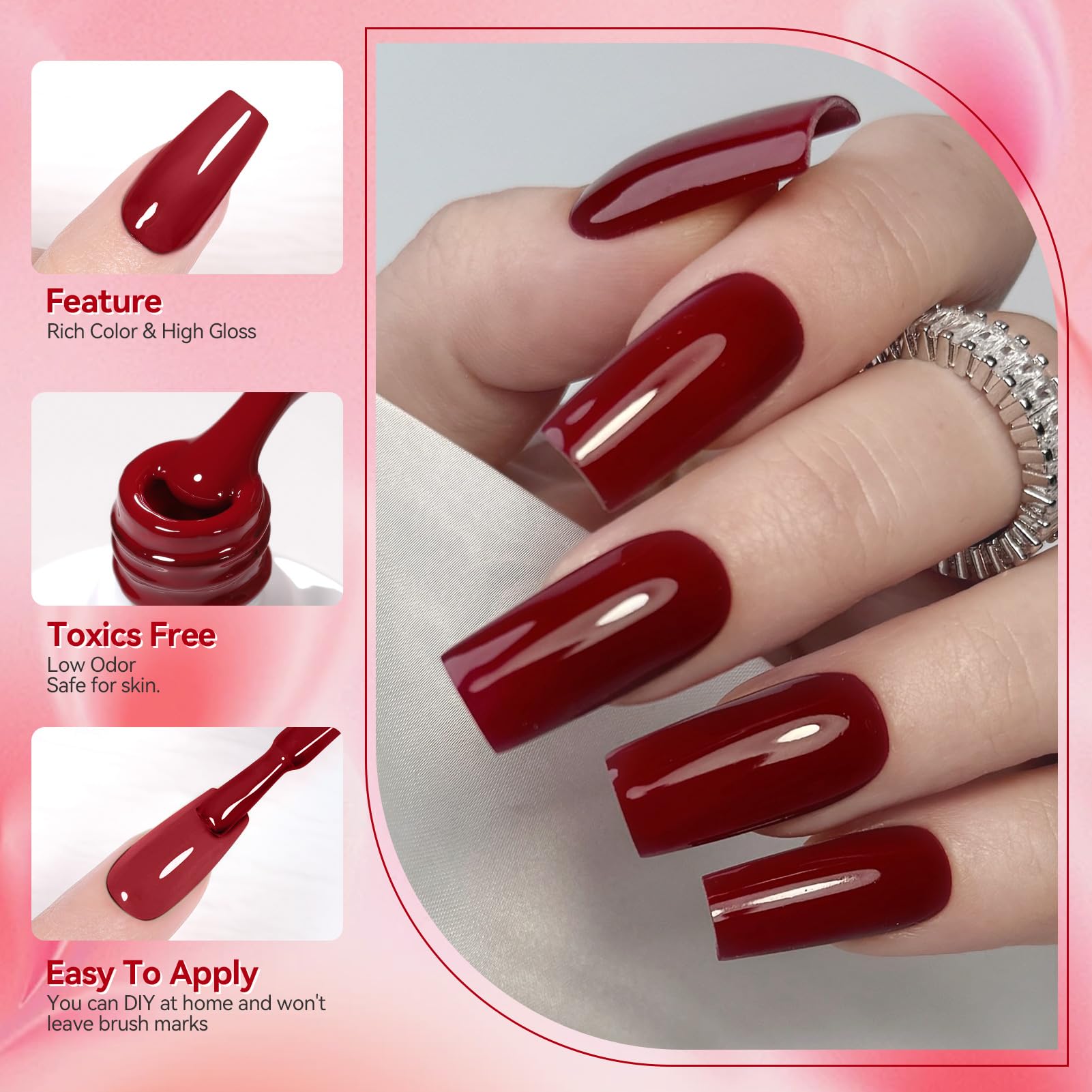 Ensemble de six flacons vernis gel rouge Born Pretty prêt à l’emploi.