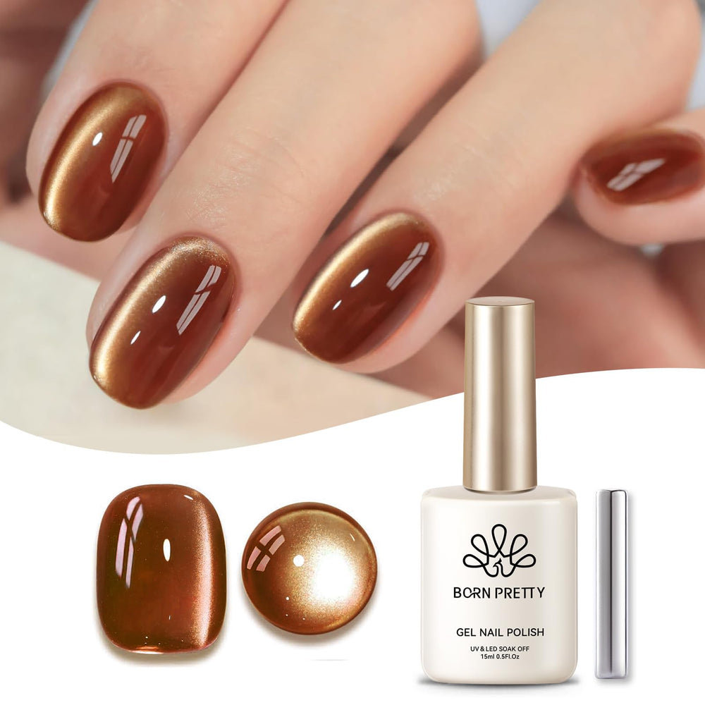 Gel Born Pretty ŒIL DE CHAT Magnétique Brown Moonlight sur ongle naturel.