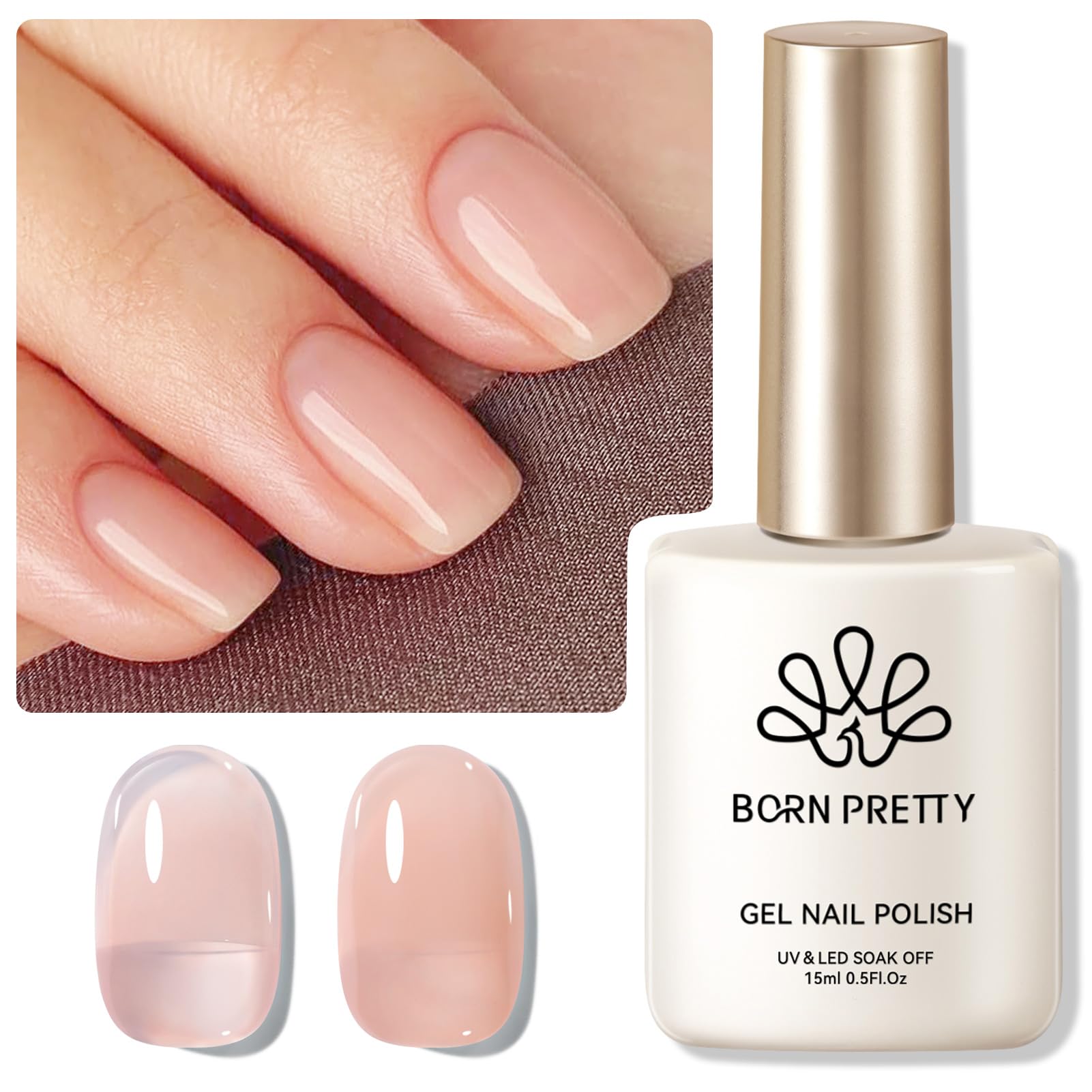 Vernis Born Pretty Jelly Nude en bouteille 15ml, brillance naturelle.