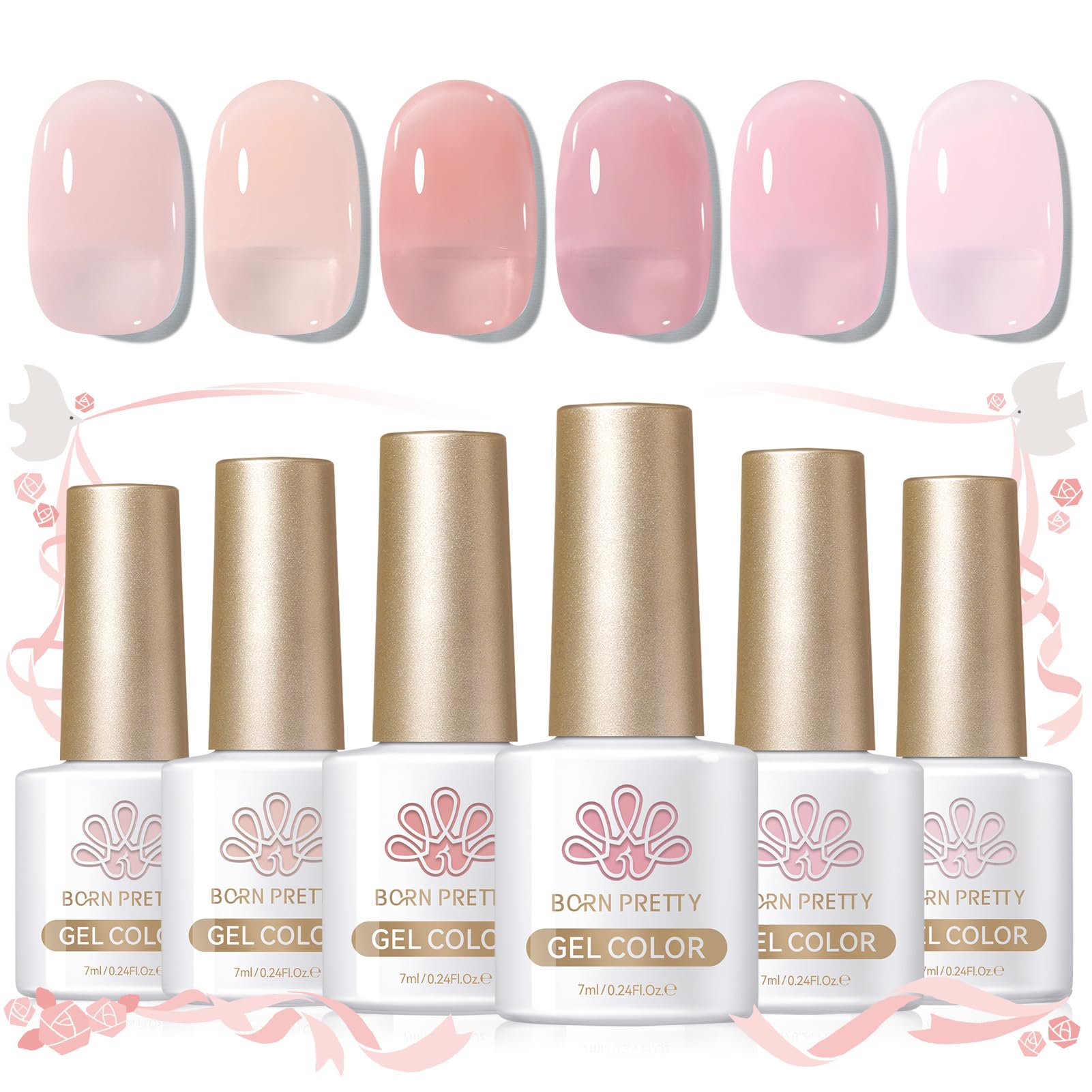 Vernis gel Born Pretty couleur rose translucide – flacons visibles pour un effet brillant