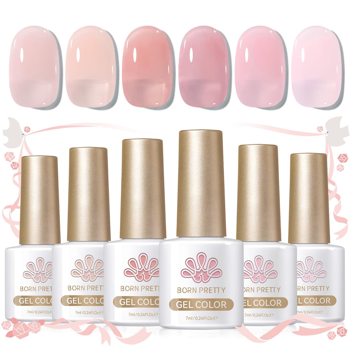 Vernis gel Born Pretty couleur rose translucide – flacons visibles pour un effet brillant