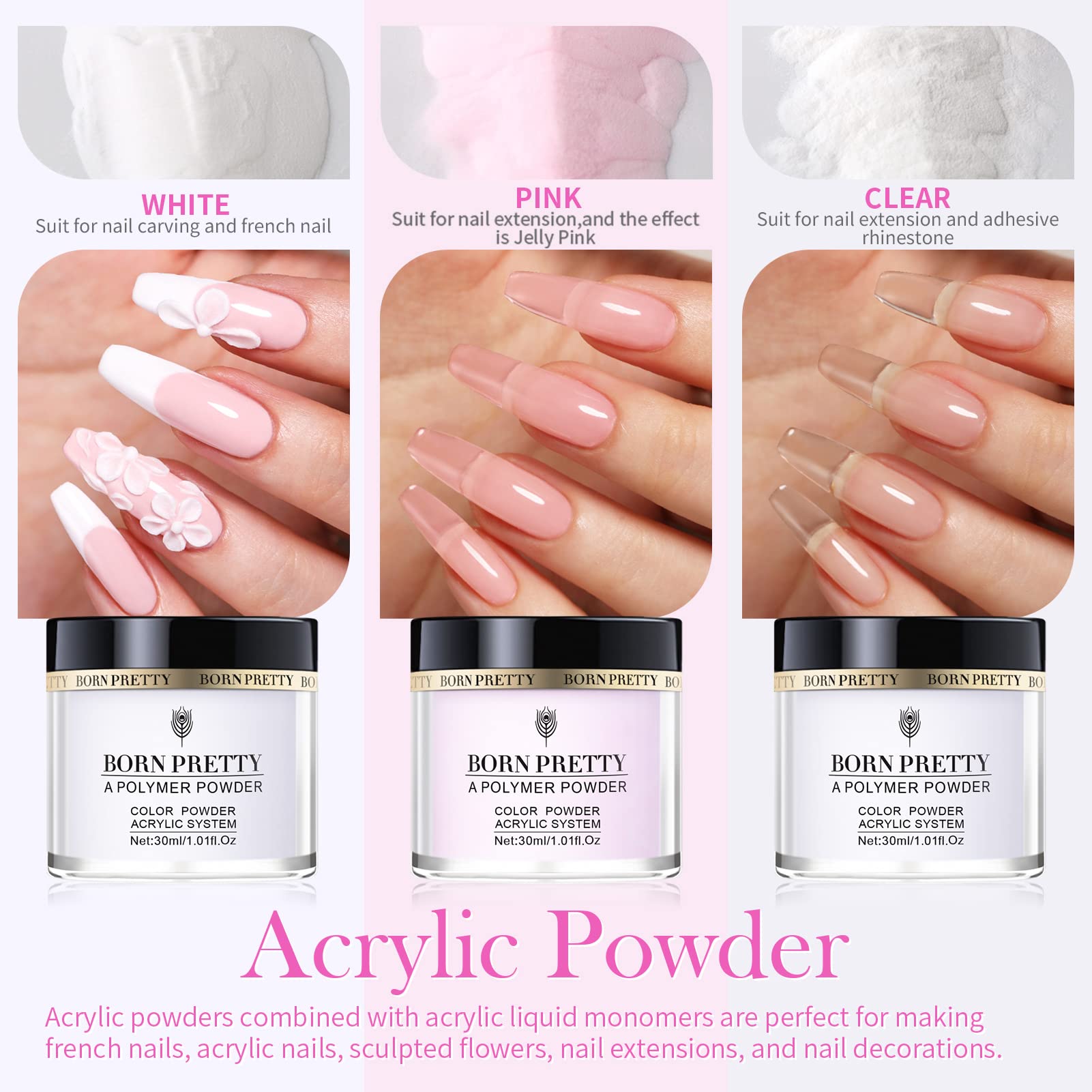 Born Pretty poudre-acrylique-30ml-rose: poudre contrôlable pour une finition naturelle.