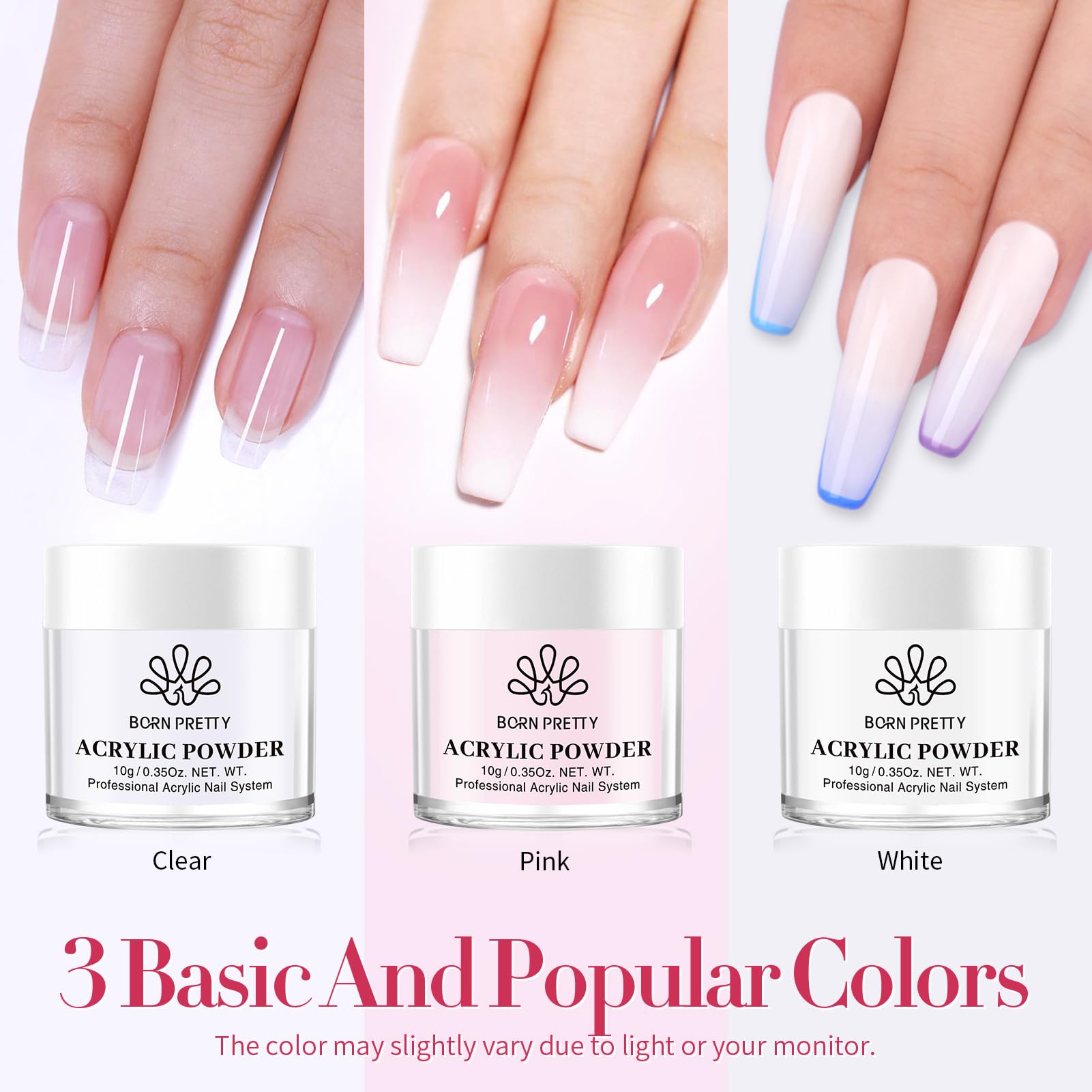 Marque Born Pretty, poudre acrylique blanche pour un look net.