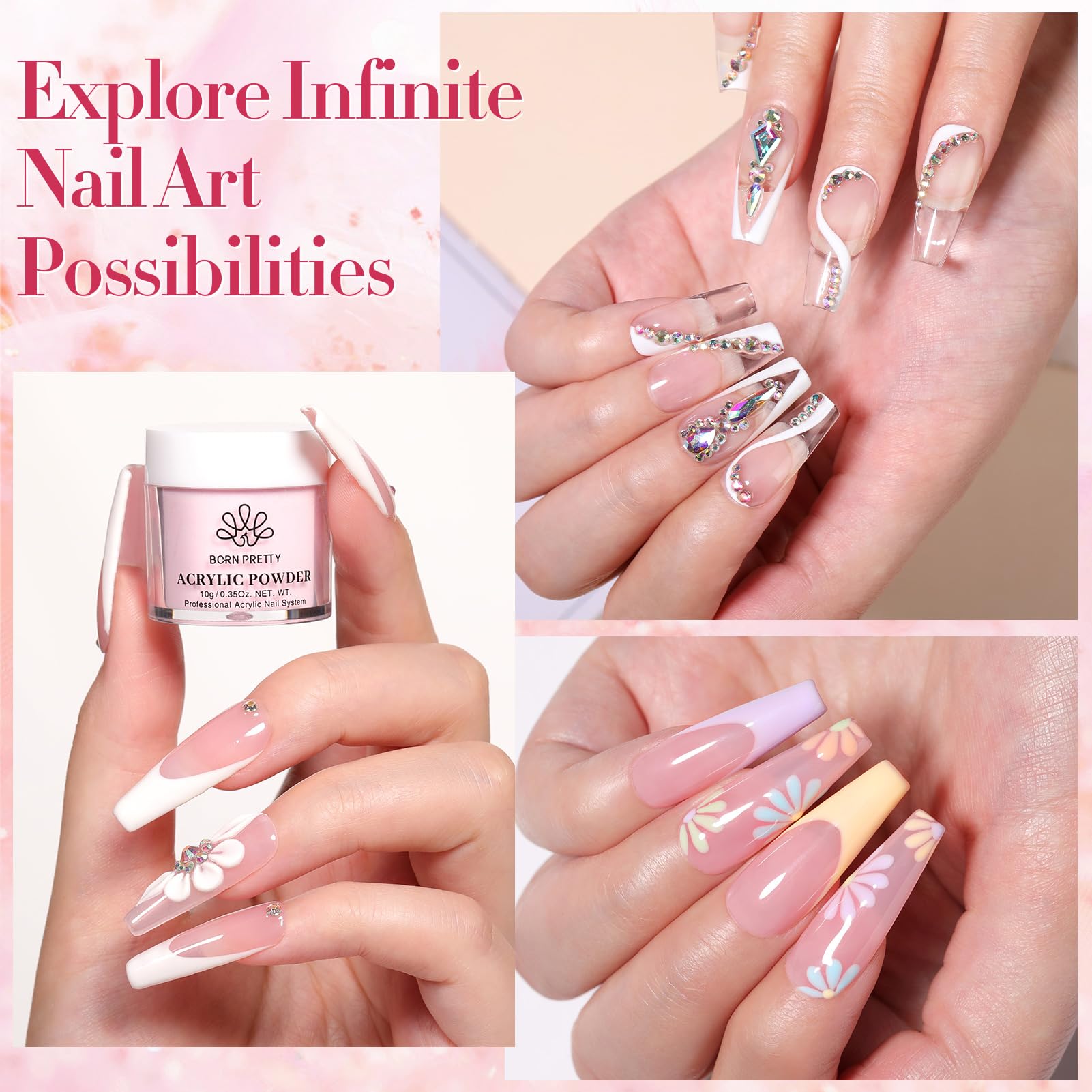 Marque Born Pretty, poudre acrylique rose pour un effet élégant.