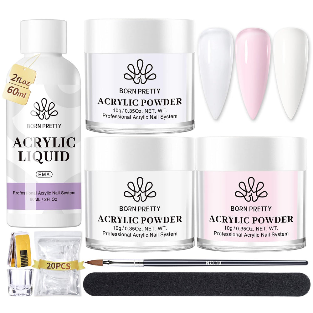 Marque Born Pretty, poudre acrylique transparente pour une finition naturelle.