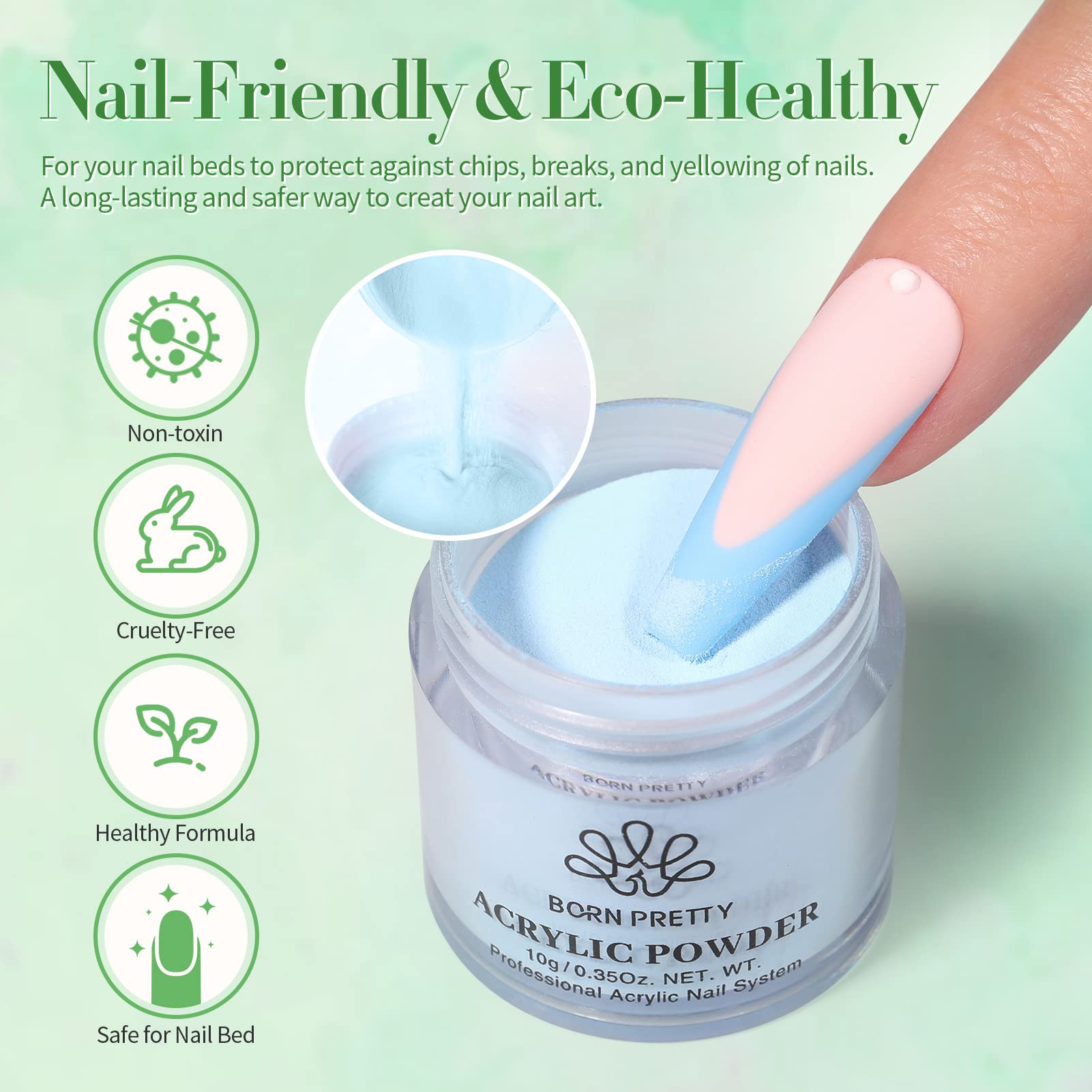 Poudre acrylique vert de Born Pretty pour des accents frais et modernes.