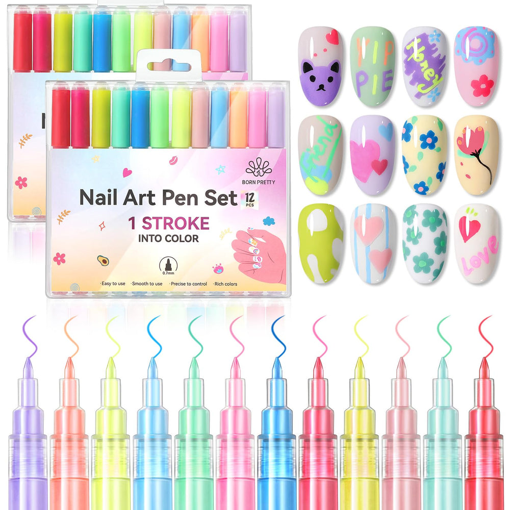 Stylo art ongles Born Pretty avec 12 couleurs néon pour designs vifs.