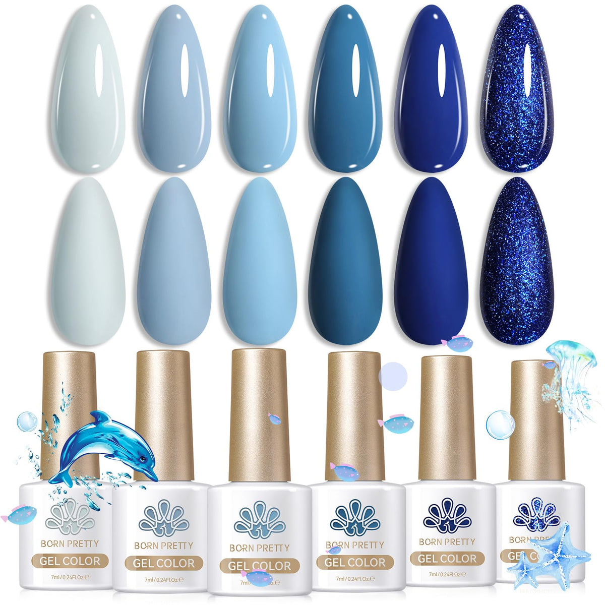 Vernis gel Born Pretty bleu ciel clair pour une manucure lumineuse.