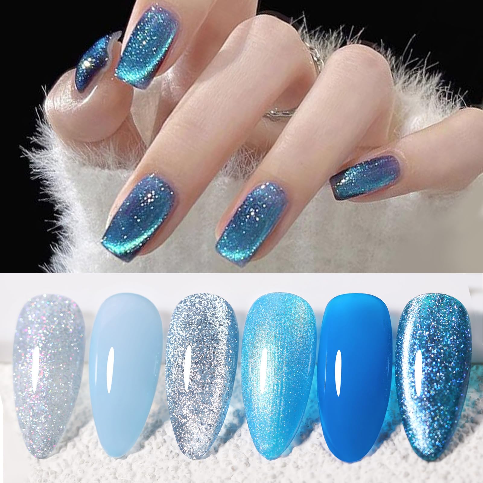 Vernis gel bleu nacré Born Pretty, reflets irisés sur les ongles.
