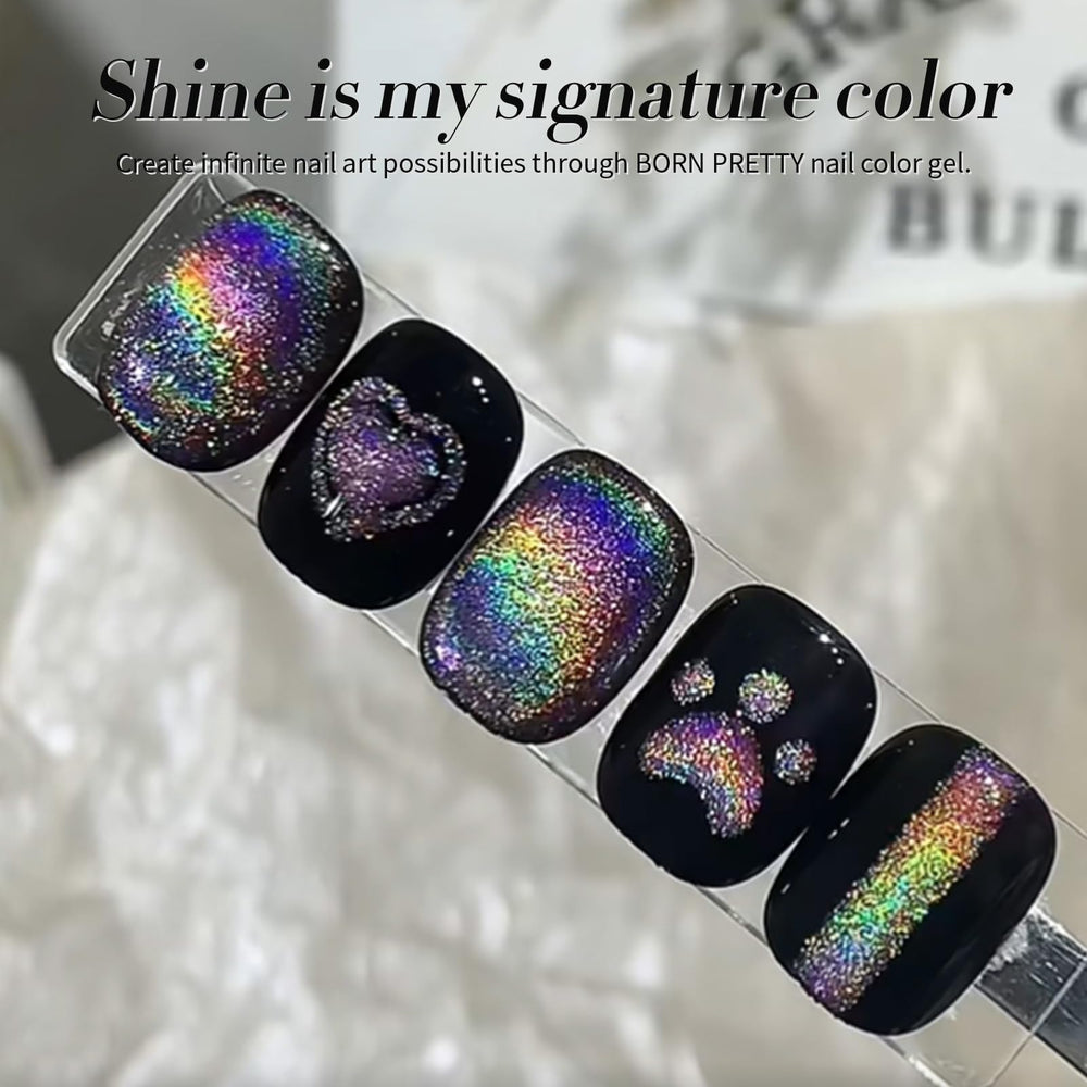 Born Pretty Vernis Gel montre un effet holographique arc-en-ciel éblouissant.