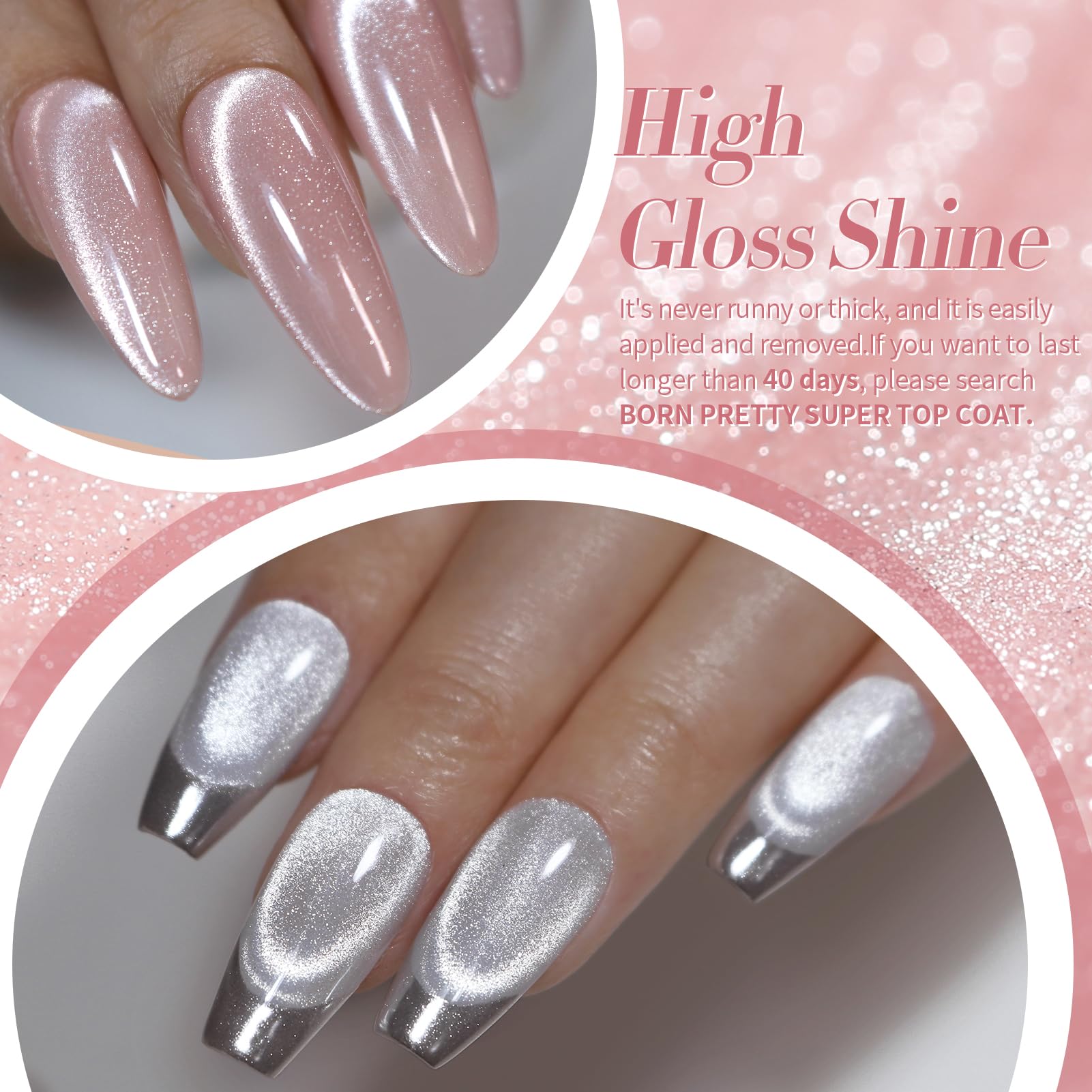 Vernis gel magnétique Born Pretty chat rose pâle pour des ongles doux.