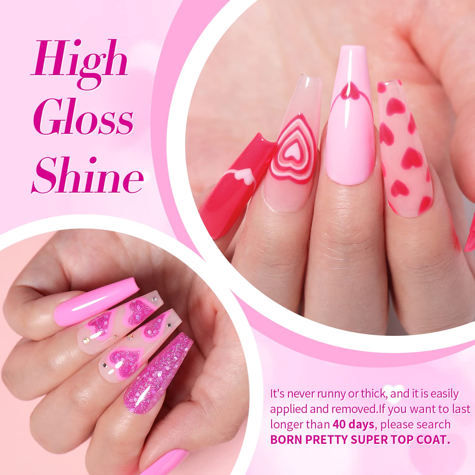 Vernis gel Born Pretty rose neon, finition brillante qui capte la lumière.
