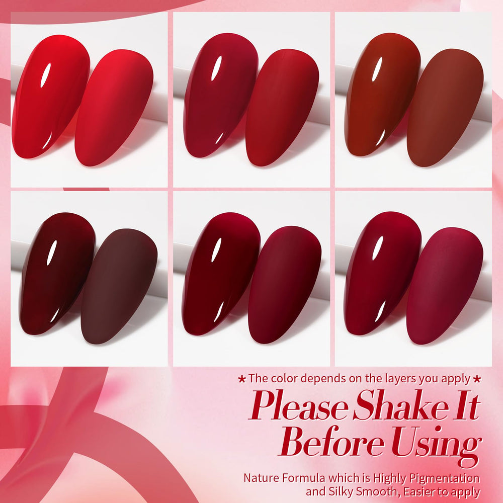 Échantillon sur ongle montrant la teinte rouge profond, Born Pretty, brillance durable.