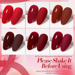 Échantillon sur ongle montrant la teinte rouge profond, Born Pretty, brillance durable.