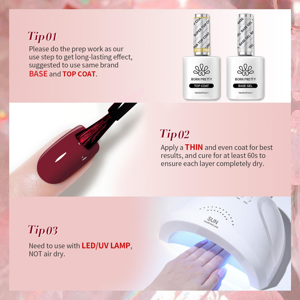 Born Pretty vernis gel rouge scintillant, application fluide et fini brillant.