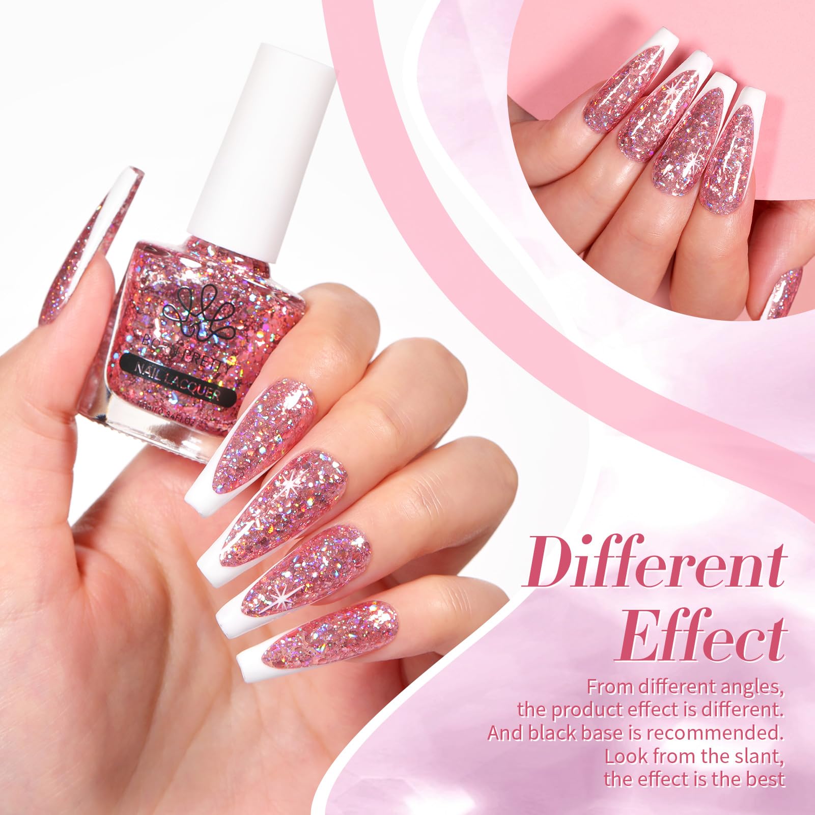 Finition paillettes rose-or reflétant la lumière pour une manucure glamour