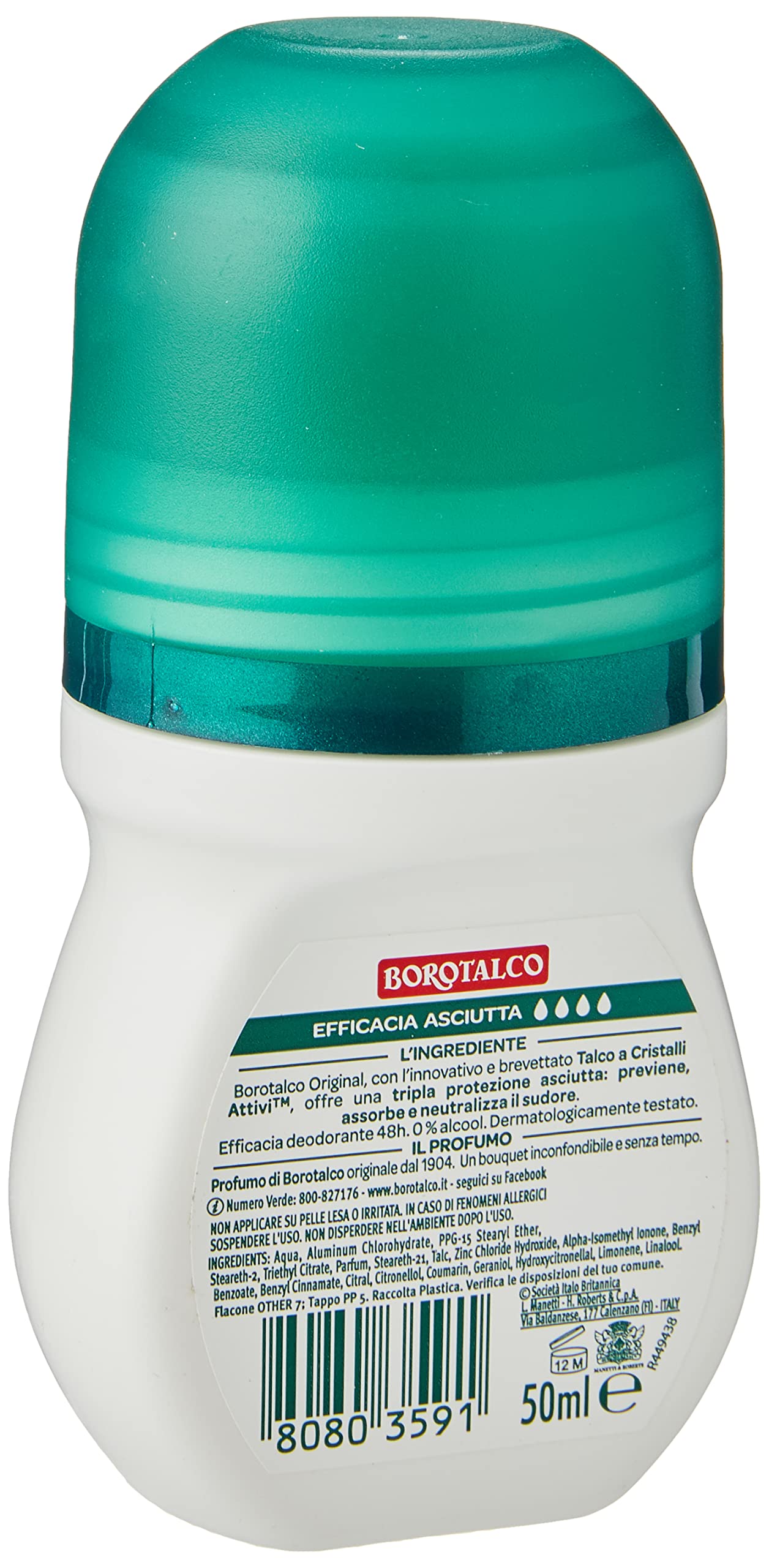 Borotalco Déodorant Roll-On Original, bille-roll-on en gros plan pour une application précise