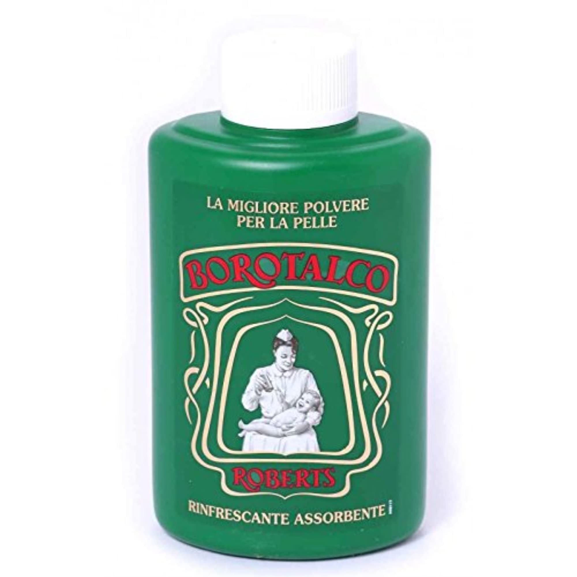 Poudre Borotalco Roberts dans sa boîte, texture soyeuse et parfum délicat.