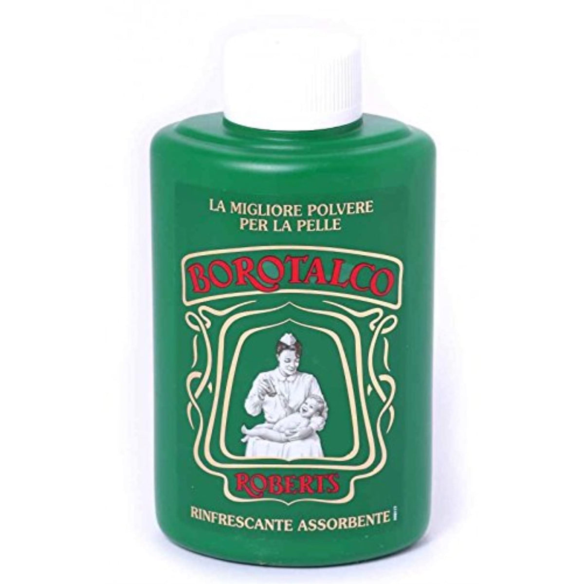 Poudre Borotalco Roberts dans sa boîte, texture soyeuse et parfum délicat.