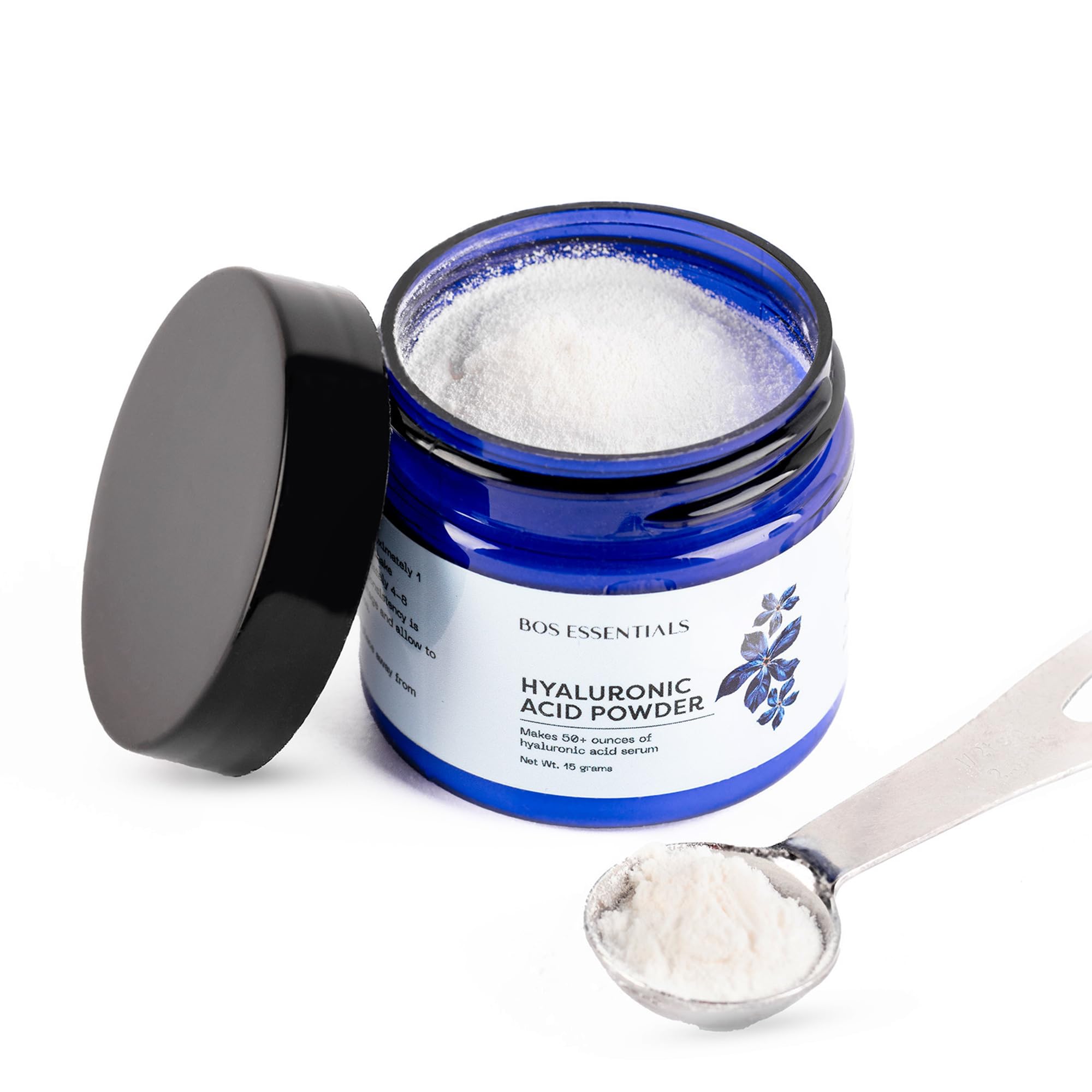 Bos Essentials poudre acide hyaluronique pure dans bouteille, hydratation rapide.