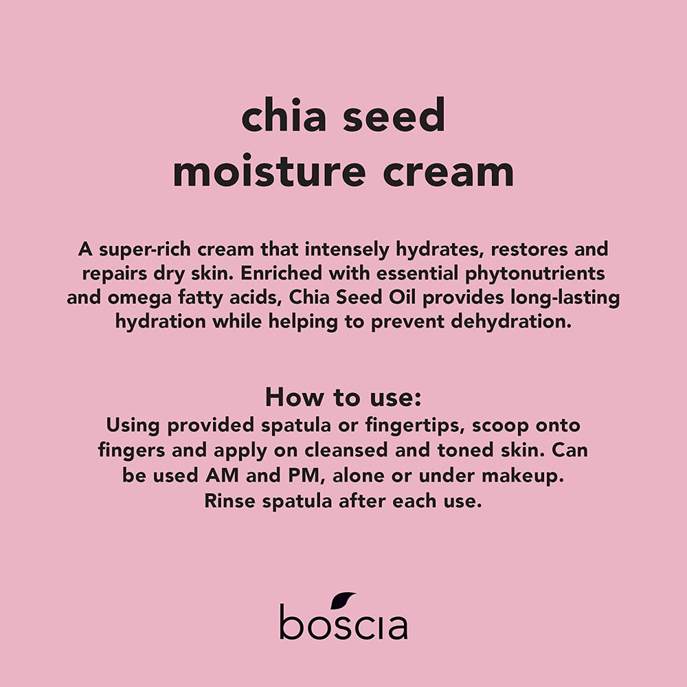 Boscia Crème hydratante aux graines de chia – texture riche prête à l’application.