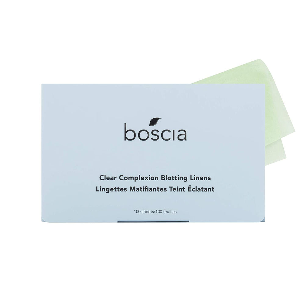 Vegan and cruelty-free Boscia branding on blotting linens box