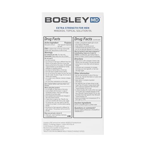 BosleyMD Pro Strength 5% Minoxidil – goutteuse précise pour une application ciblée.