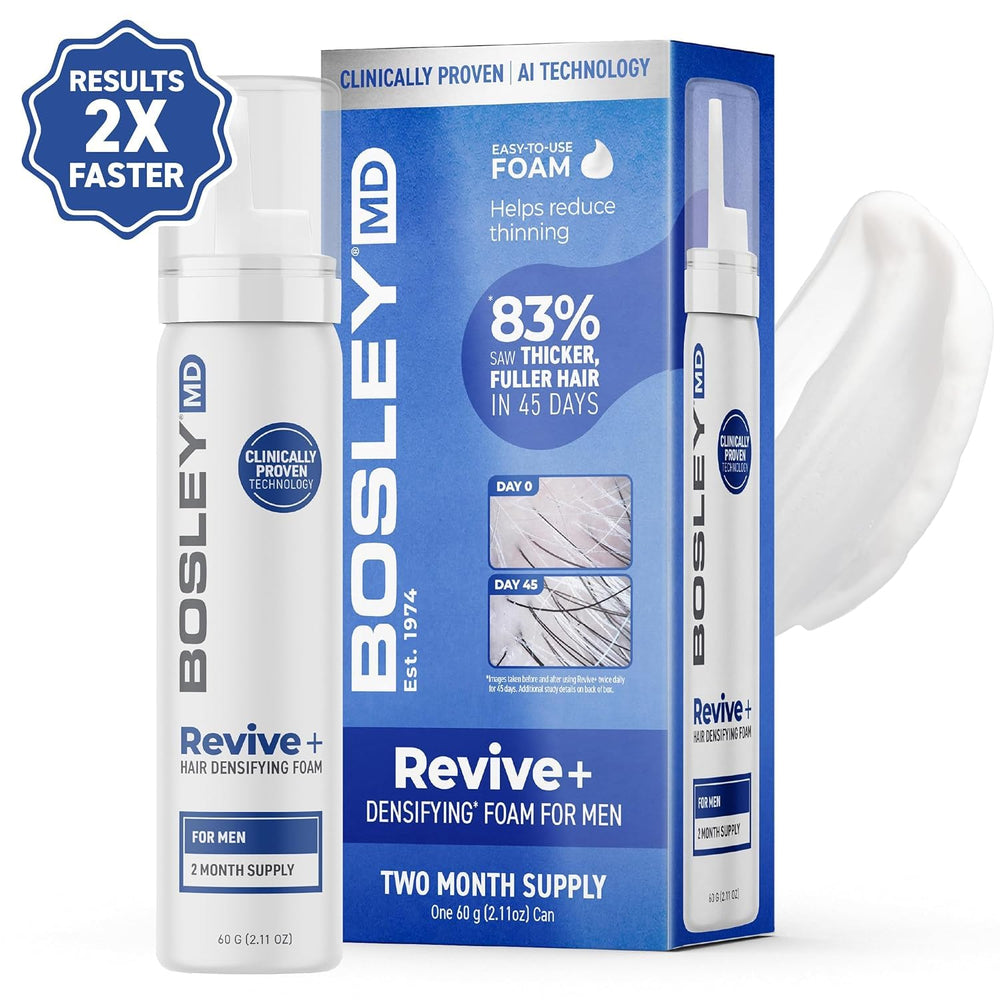 BosleyMD Revive+ densifiante mousse – biotine et huile de pépins de citrouille nourrissent le cuir chevelu.