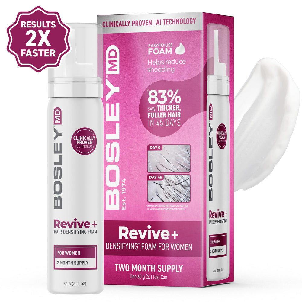 Texture légère de la mousse BosleyMD Revive+ qui pénètre facilement et densifie les mèches.