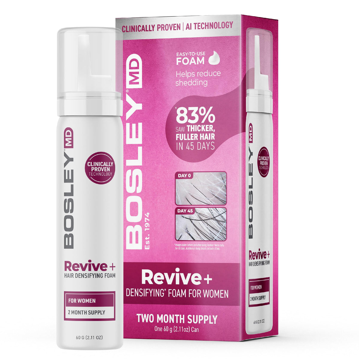 BosleyMD Revive+ Mousse Densifiante sur bouteille, application légère pour cheveux visiblement plus épais.