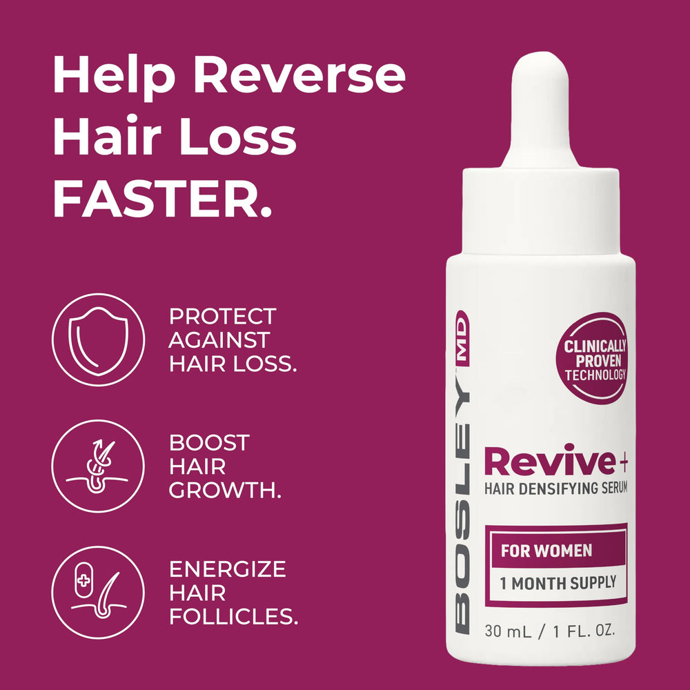 BosleyMD Revive+ sérum avant-après : impression de densité capillaire après usage.