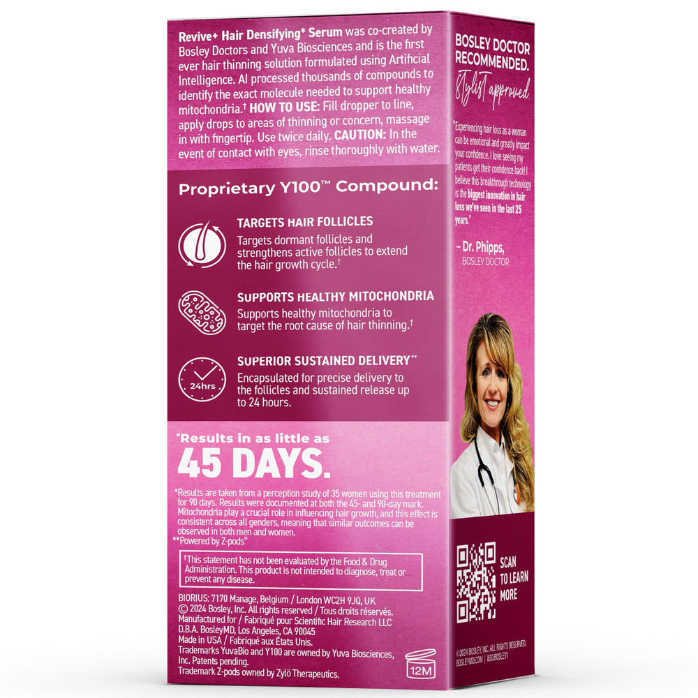 BosleyMD Revive+ sérum goutte-doseuse : précision pour les zones clairsemées.