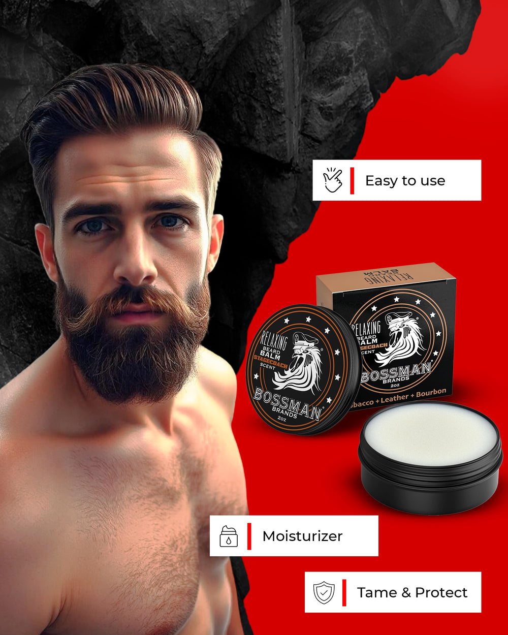 Application fluide du baume barbe Bossman Relaxant Stagecoach.
