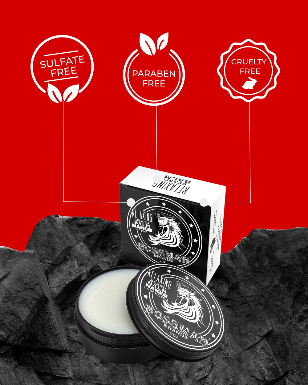 Effet anti-frisottis du baume Bossman barbe naturel sans parfum.