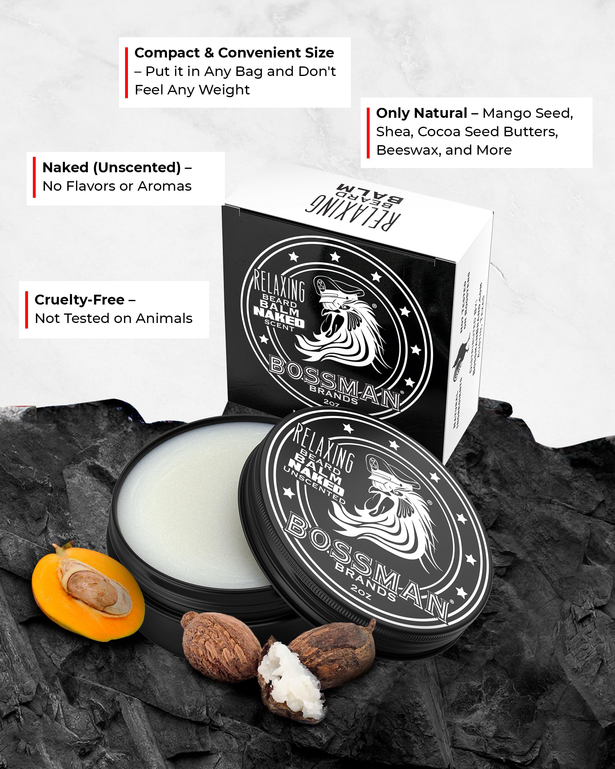 Texture crème du baume Bossman barbe sans parfum prête à être appliquée.