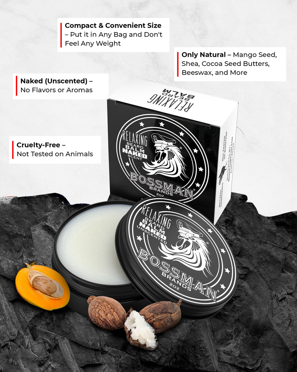 Texture crème du baume Bossman barbe sans parfum prête à être appliquée.