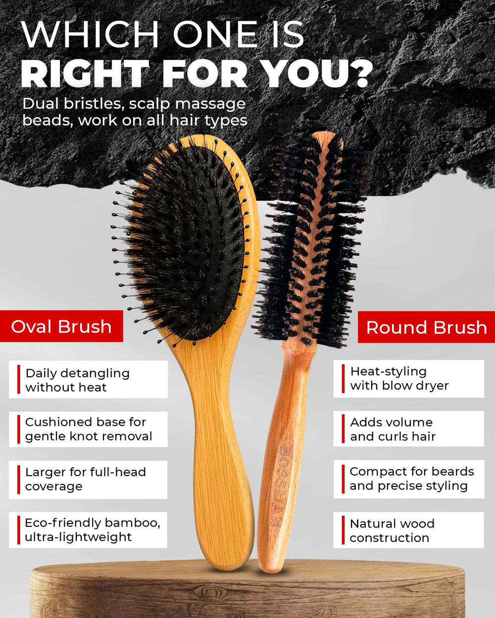 Bossman brosse ronde bois naturel solide et leger