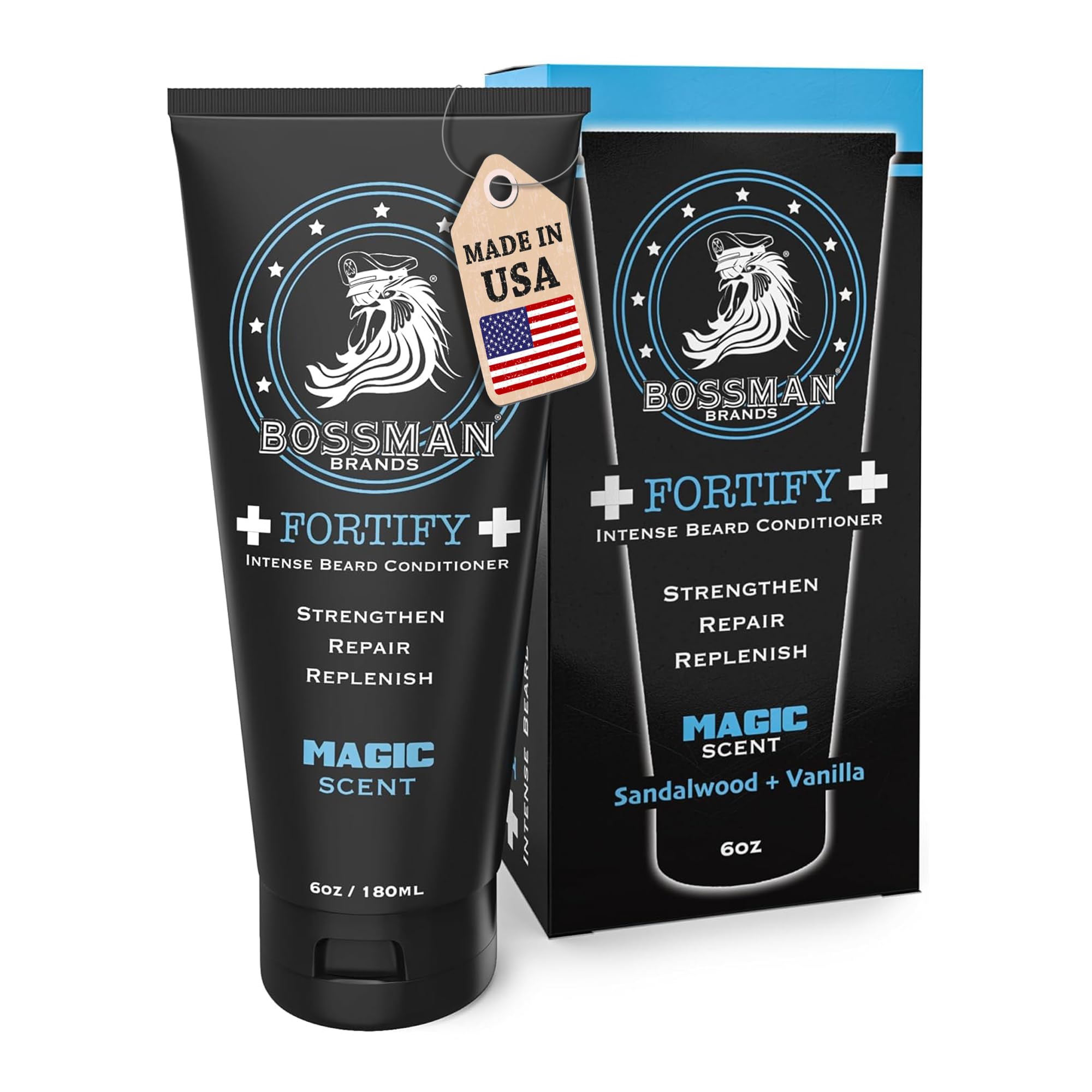 Bossman Fortify – flacon barbe intense, poils plus denses après application.