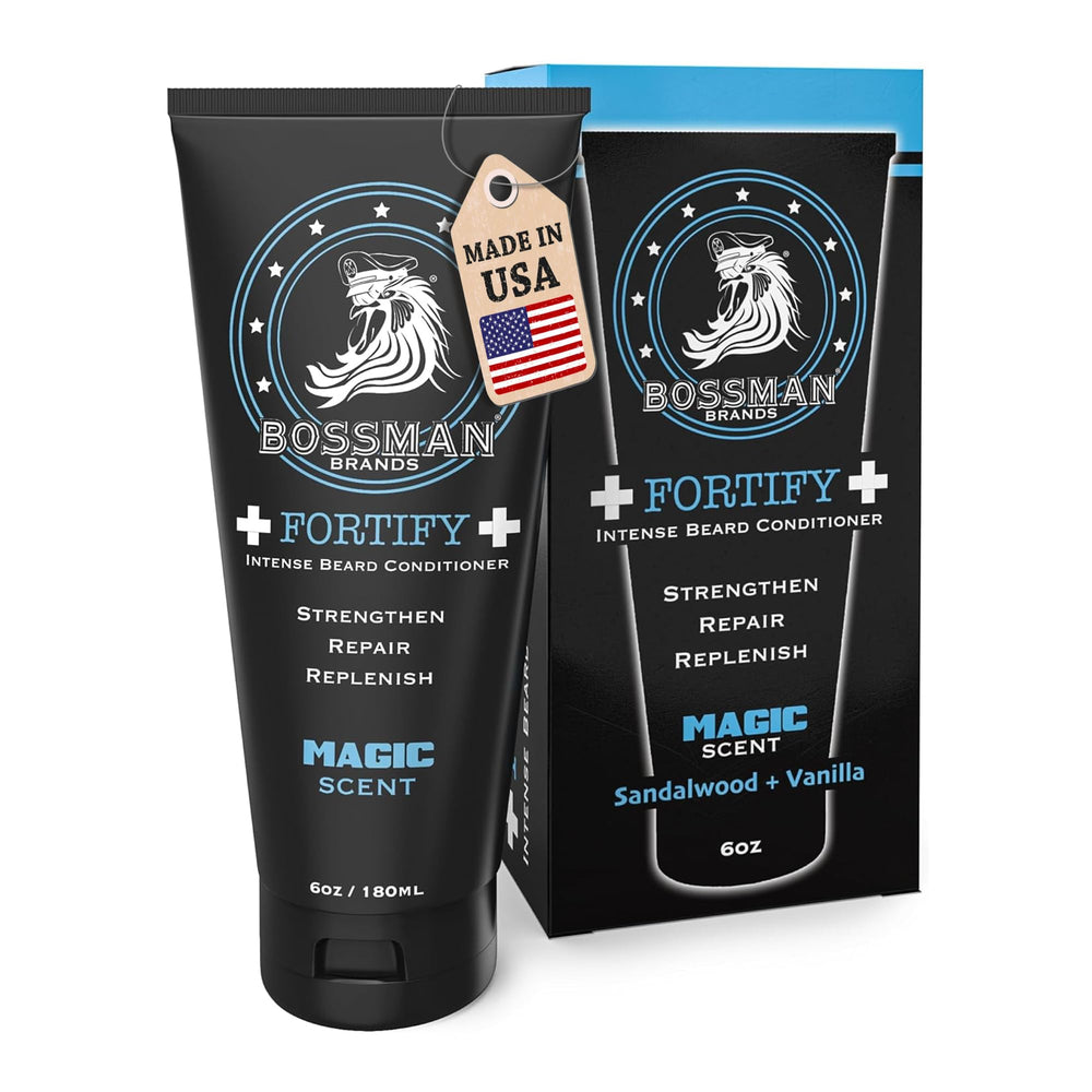 Bossman Fortify – flacon barbe intense, poils plus denses après application.