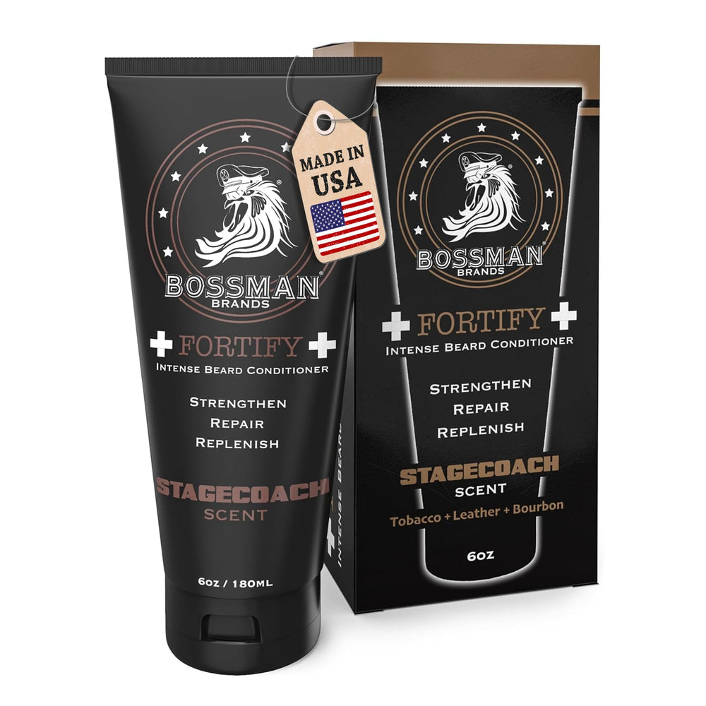 Bossman Fortify Bouteille versée – soin capillaire qui prépare la barbe au coiffage.