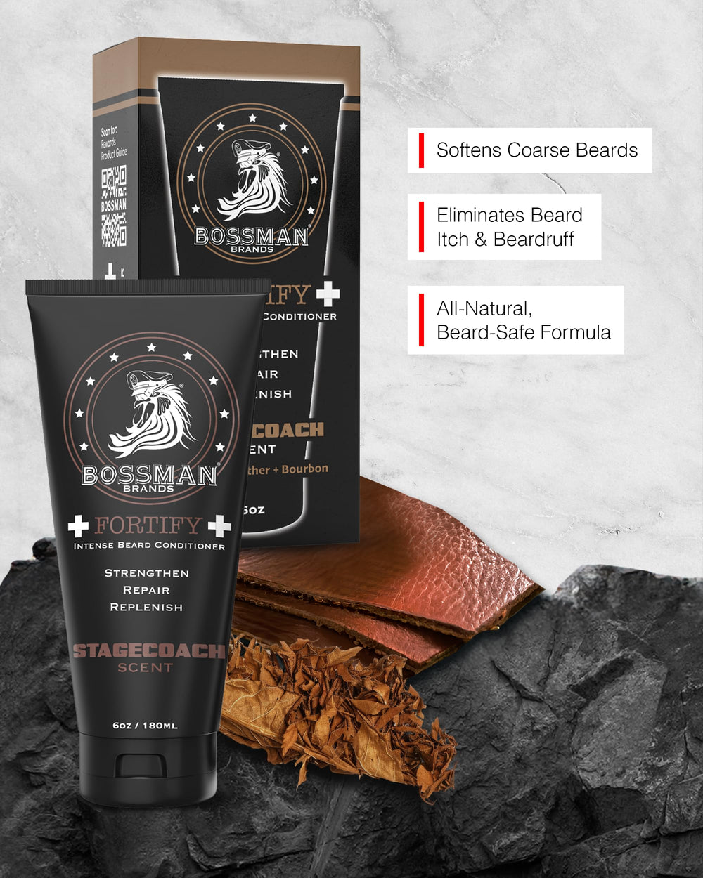 Bossman Fortify Crème après-shampoing – texture douce qui assouplit les poils et apaise la peau.