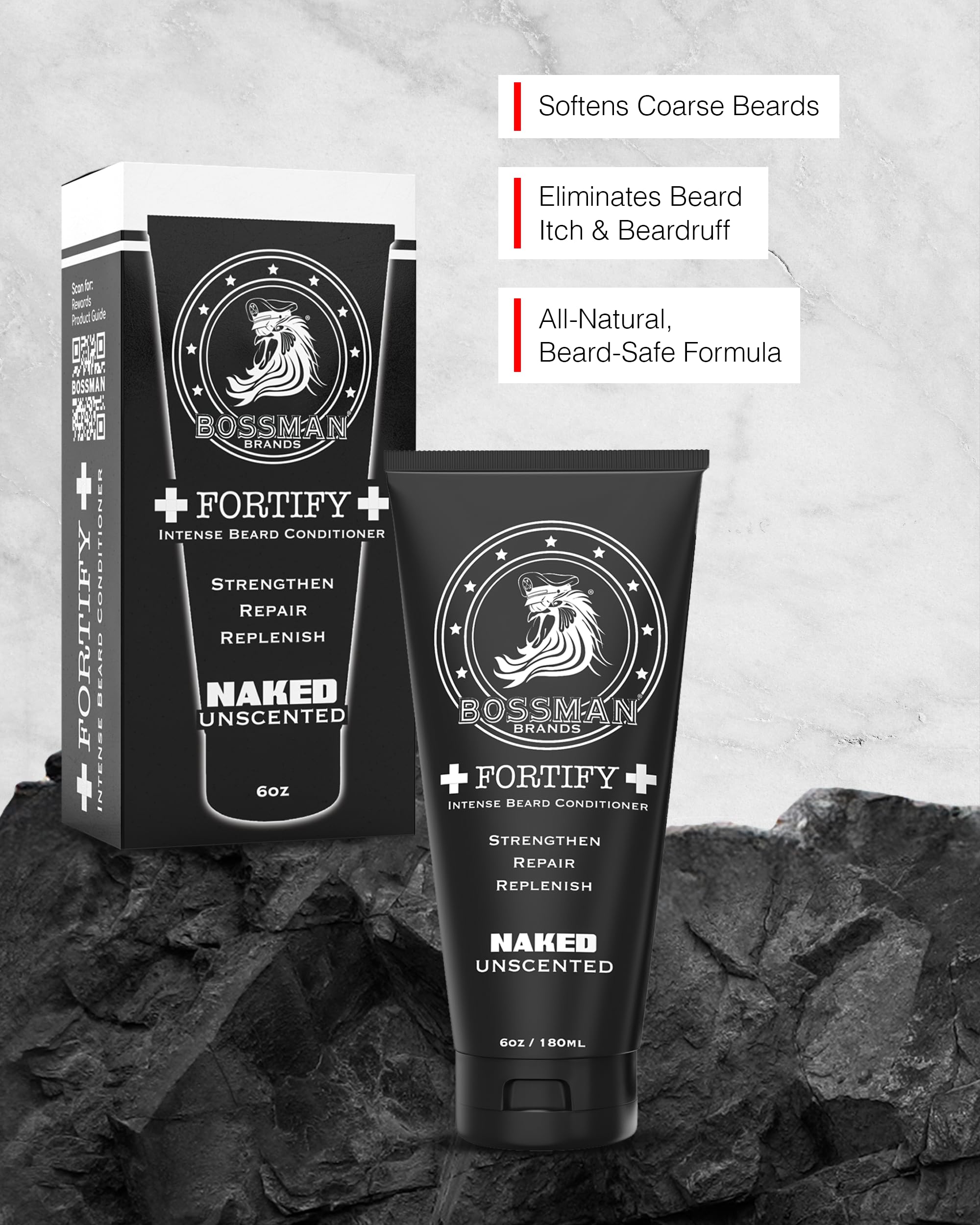 Bossman Fortify : ingrédients naturels nourrissent les poils et apaisent la peau.