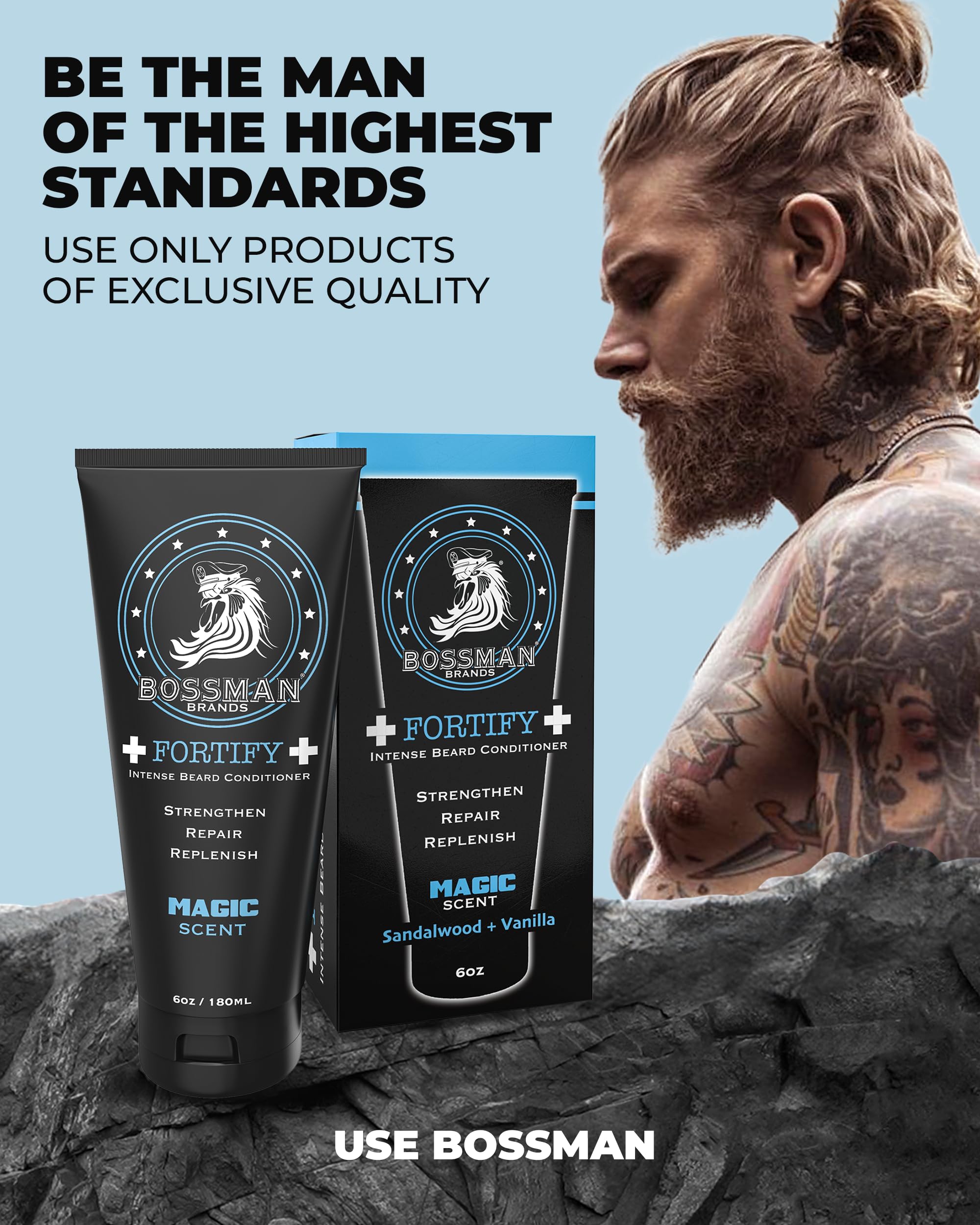 Bossman Fortify – flacon pratique, rituel quotidien pour barbe mieux entretenue.