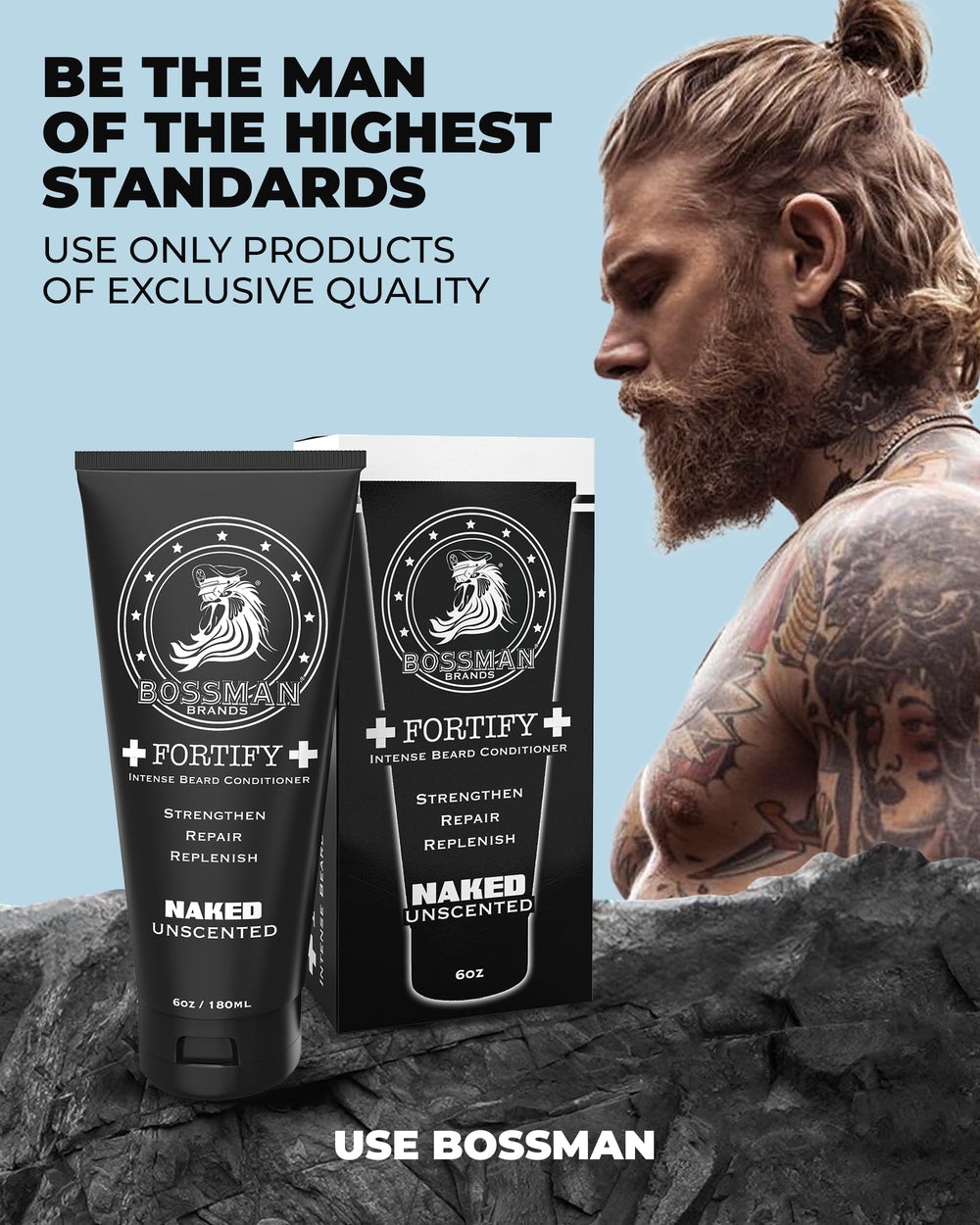 Bossman Fortify : utilisation sous la douche pour gagner du temps et lisser la barbe.
