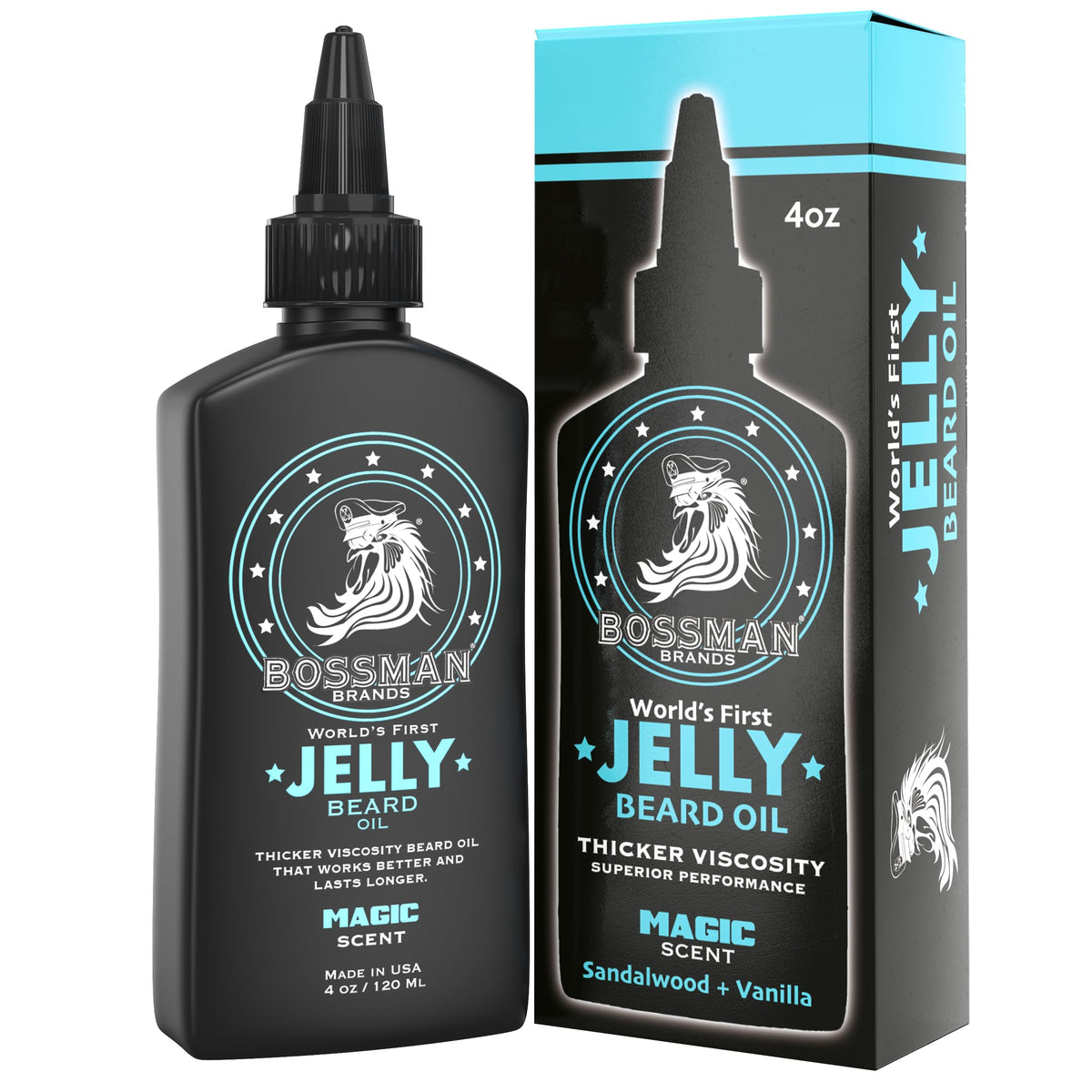 Flacon Bossman Jelly Barbe Oil Magic prêt à hydrater en profondeur.