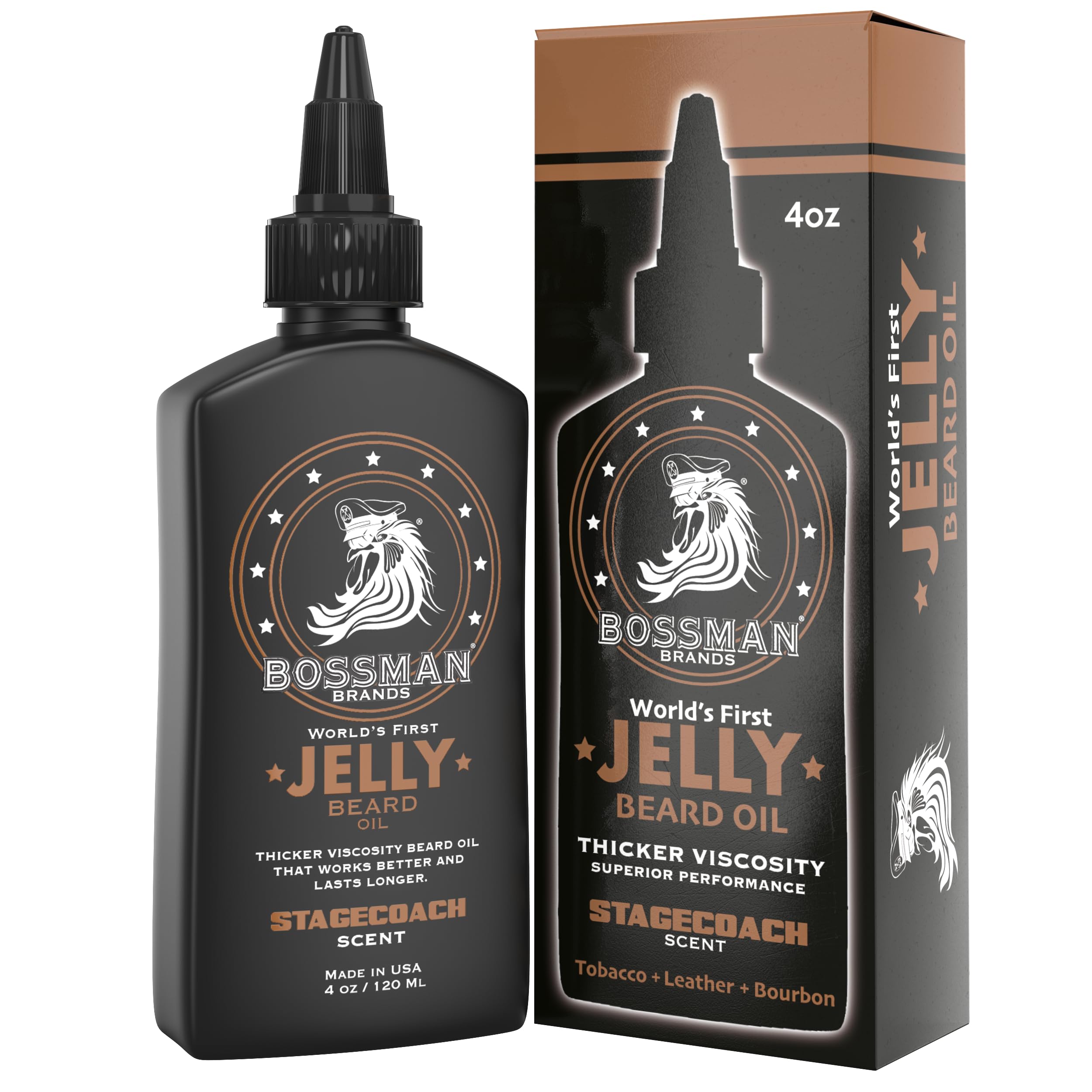 Bossman Jelly Beard Oil Stagecoach, flacon visible, hydratation et parfum distinctifs.