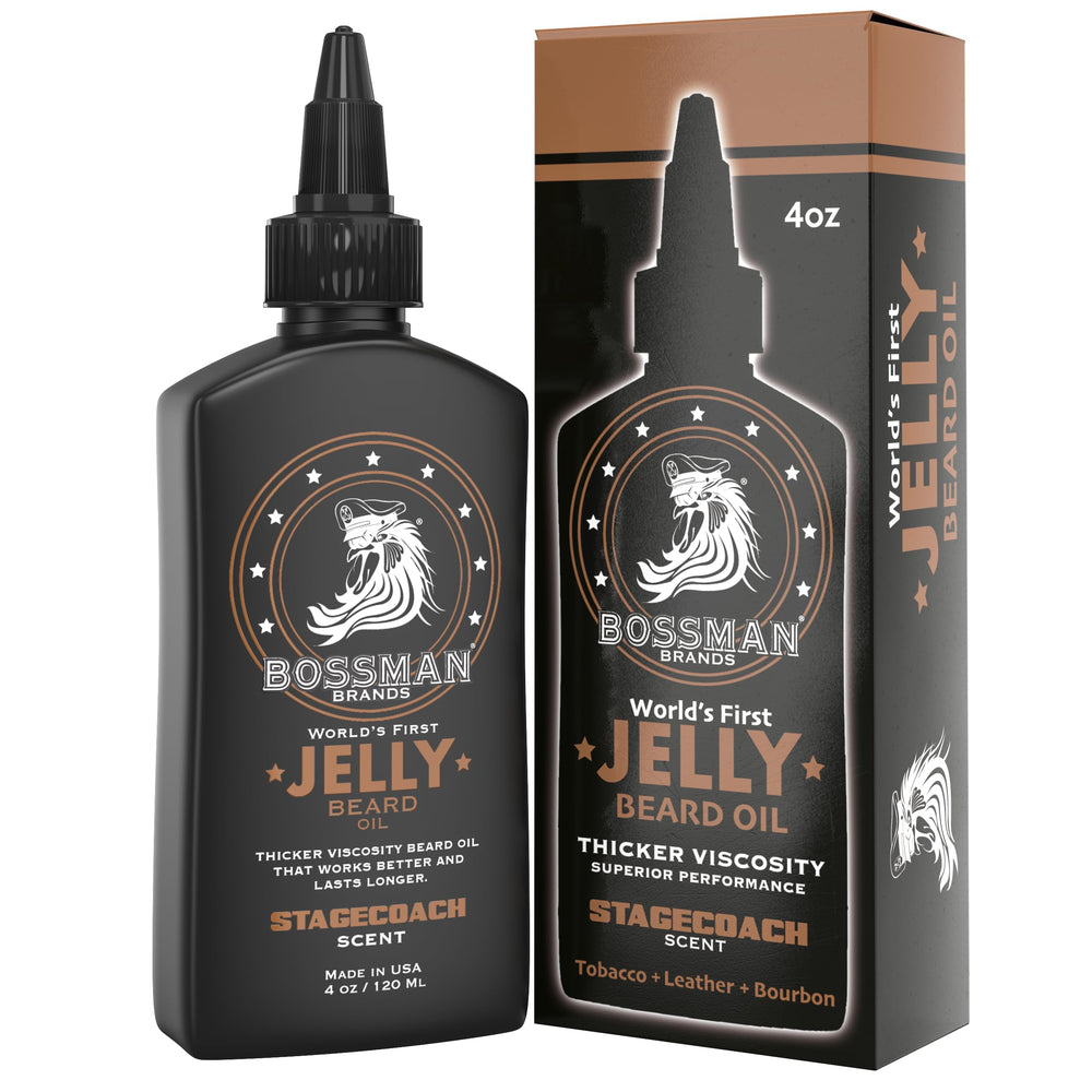 Bossman Jelly Beard Oil Stagecoach, flacon visible, hydratation et parfum distinctifs.